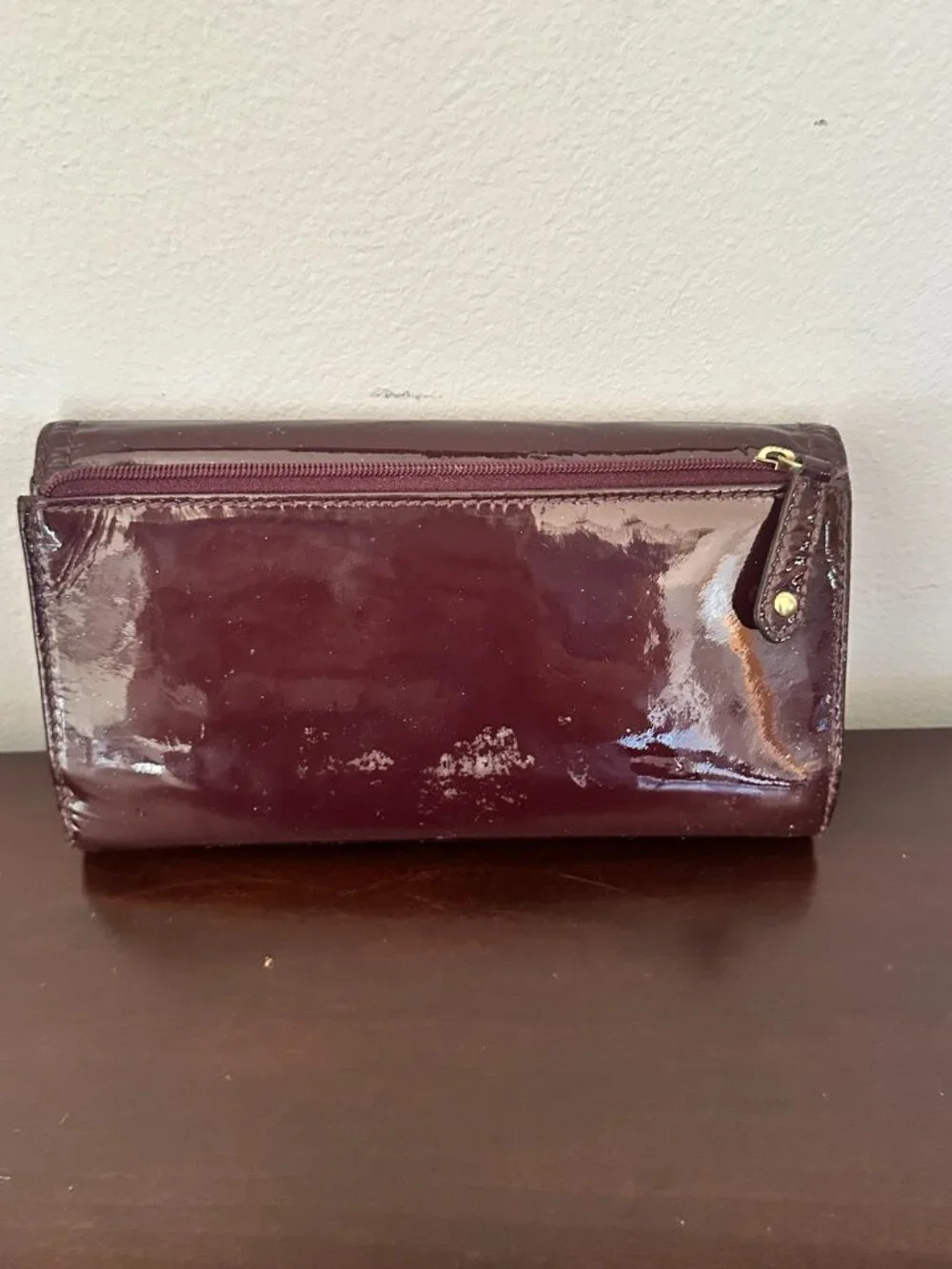 Coach Madison Burgundy Patent Leather Trifold Wallet With Check Book